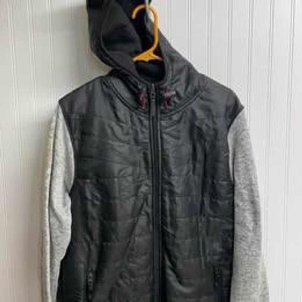 Montfort Mens XL Hybrid Puffer Jacket Black Grey Quilted Full Zip Hooded Fleece
